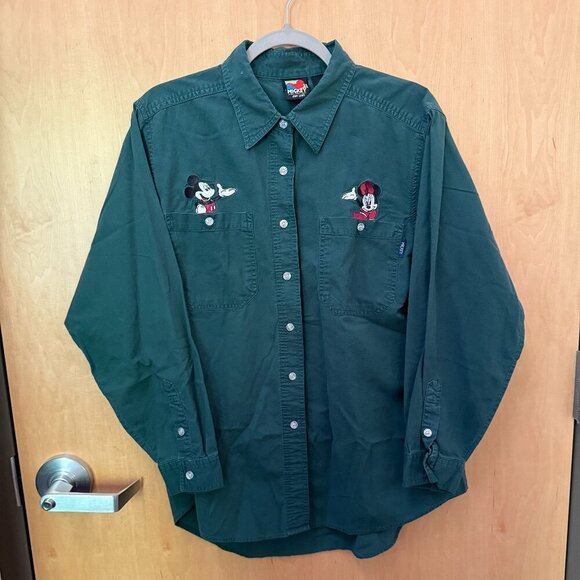 Vintage 90s Mickey Unlimited Disney Embroidered Button-Up Green Shirt Size Large - Picture 1 of 5